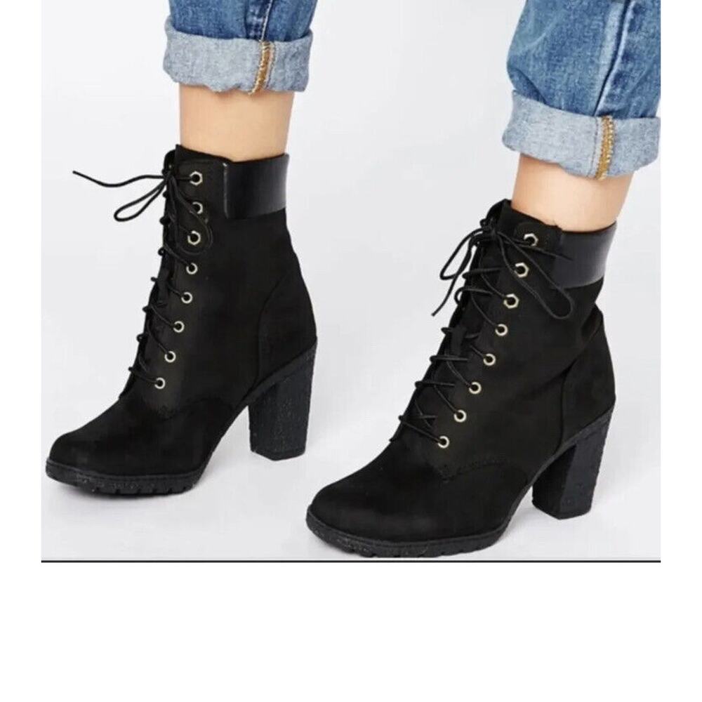 Timberland Womens Glancy 6” Ankle Boots Sz 10‎ Black Suede High Block Heel Laces
